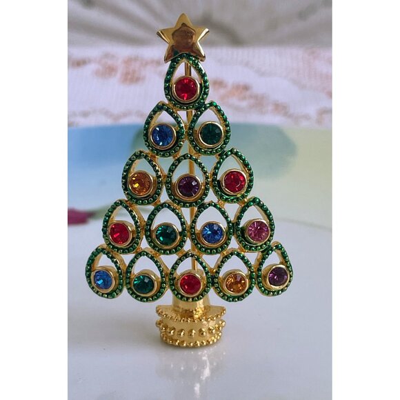 Vintage 1980s Goldtone Rhinestone Christmas Brooch - Picture 5 of 6